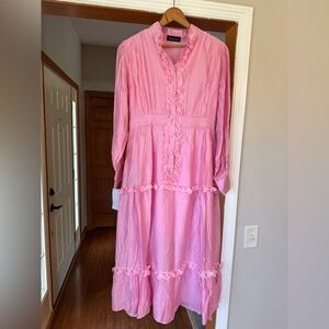 Ibiss01 NWT Tiered Pink Button Up Heart Trim Maxi Dress Long Sleeves